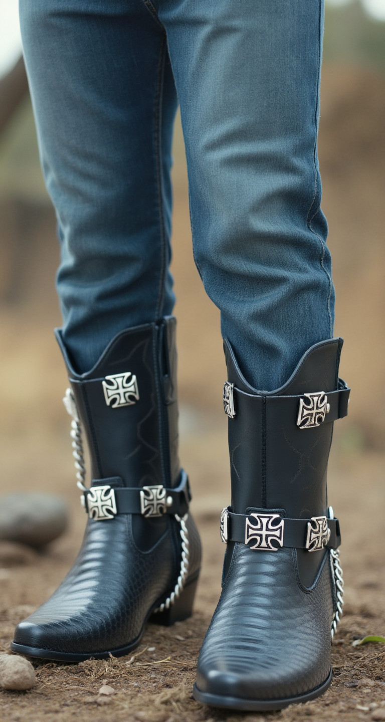Hot Men Biker Chain Black Faux Leather Bands Boots 2 Straps Maltese Cross Charms