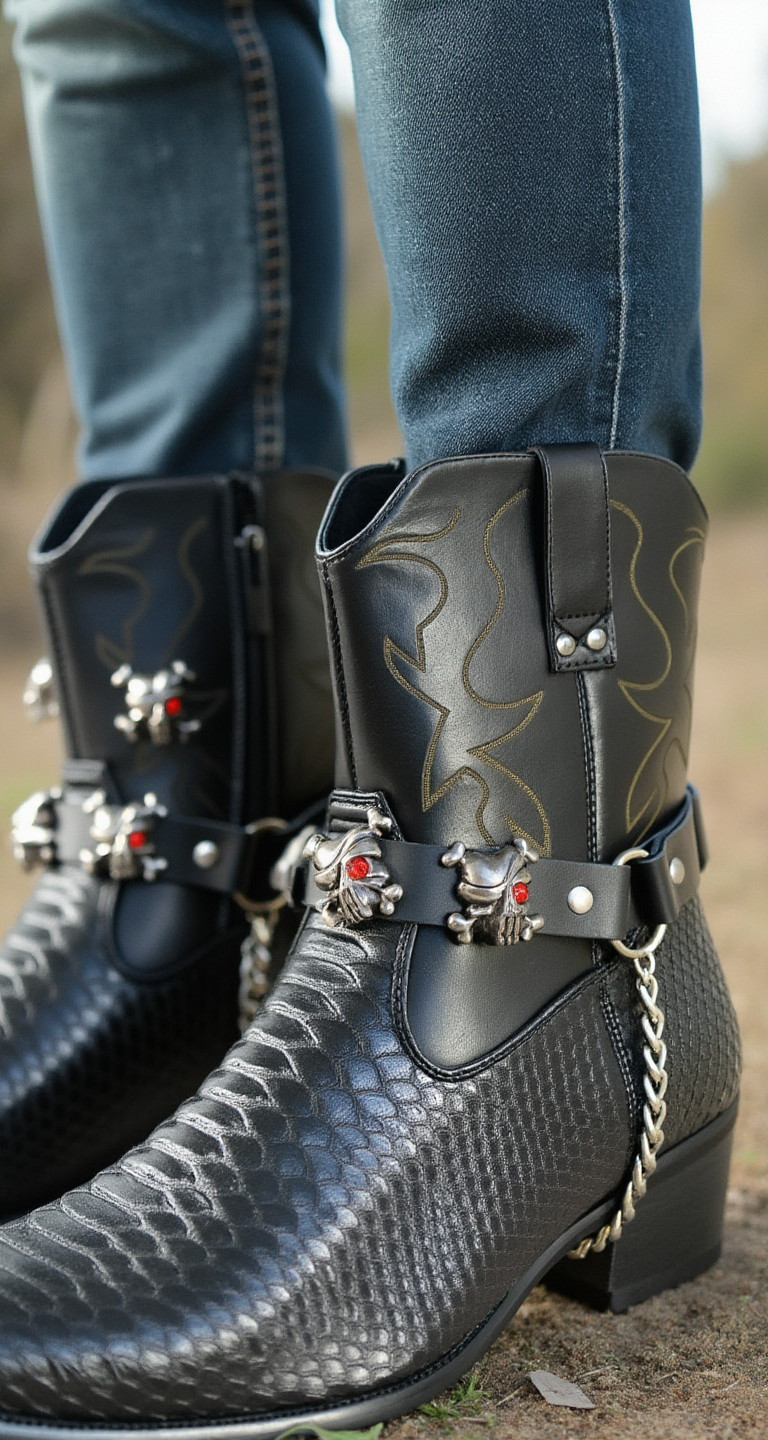 Men Boot Straps Silver Chain Pair Black Faux Leather Bands Pirate Skull Charms