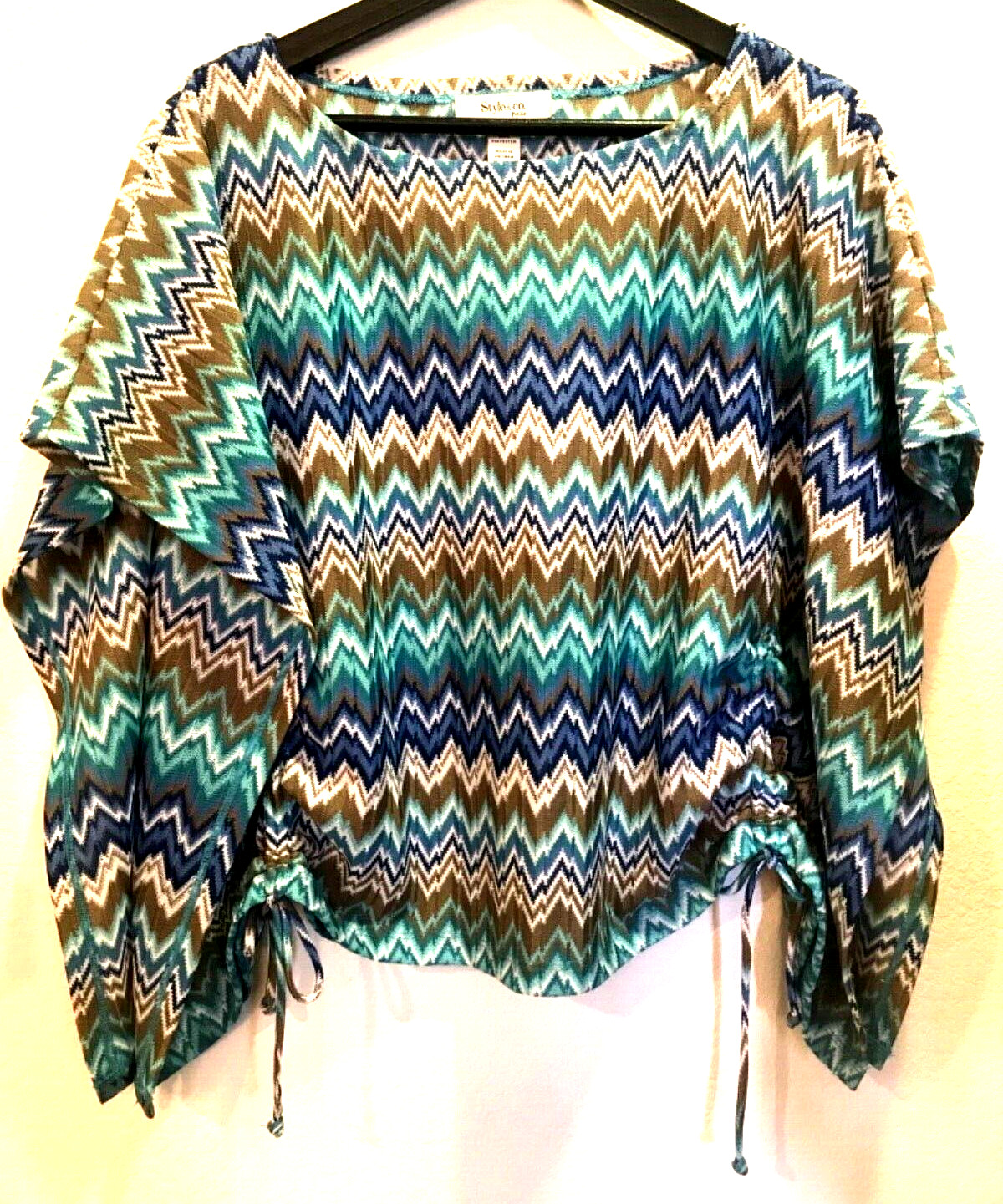STYLE & CO. Petite Zig Zag Square Blue White Tan Top size PS