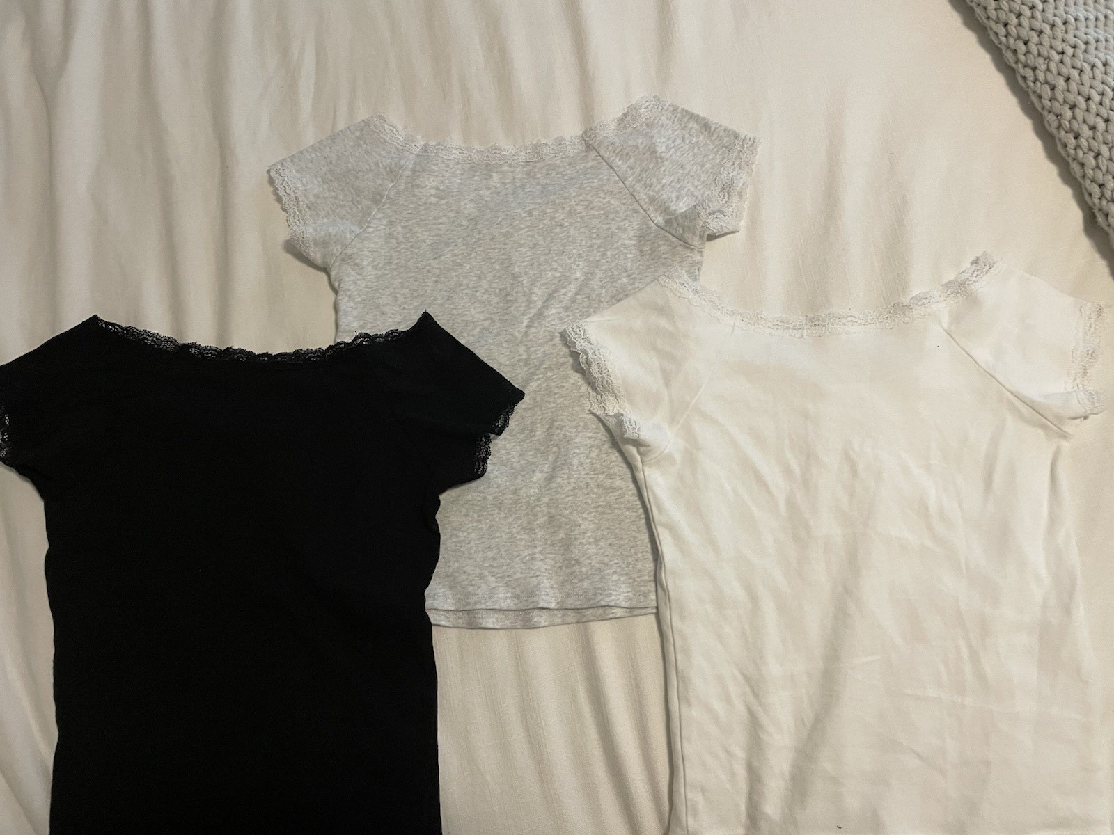 Women’s Lot of 3 Solid Lace Trim Short Sleeve Tops Black Gray White