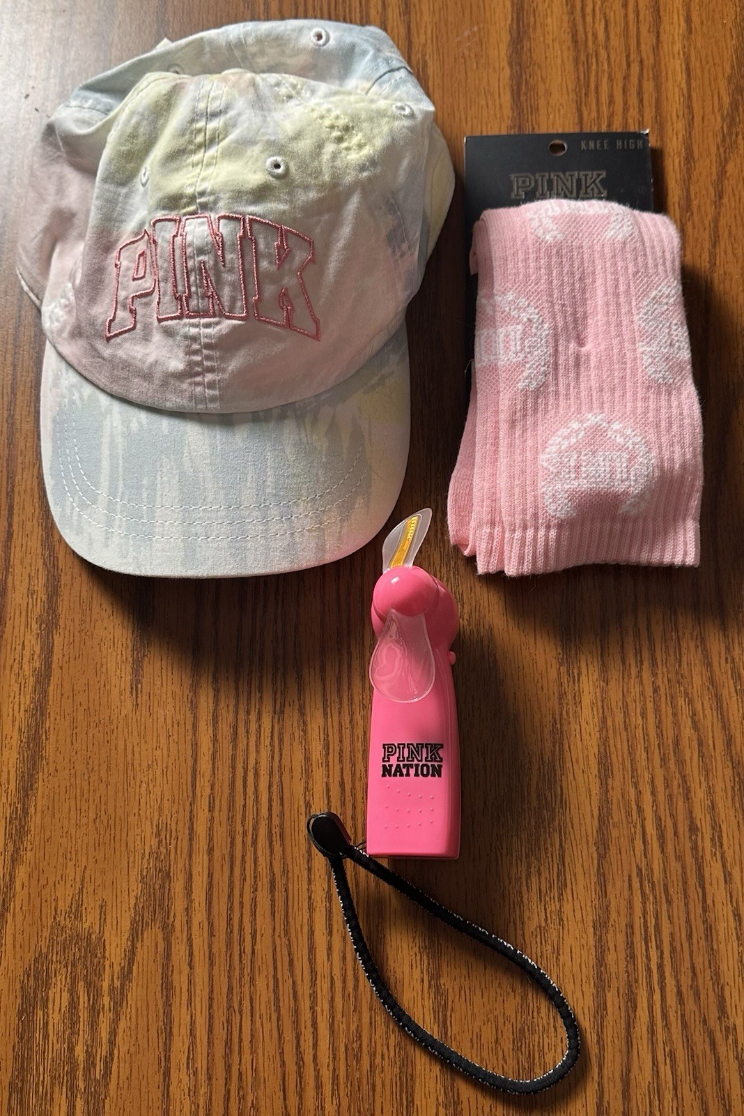 Victoria Secret PINK Accessories Lot NWT’S Sporty Trendy 3 Pc Lot Hat,Socks,Fan