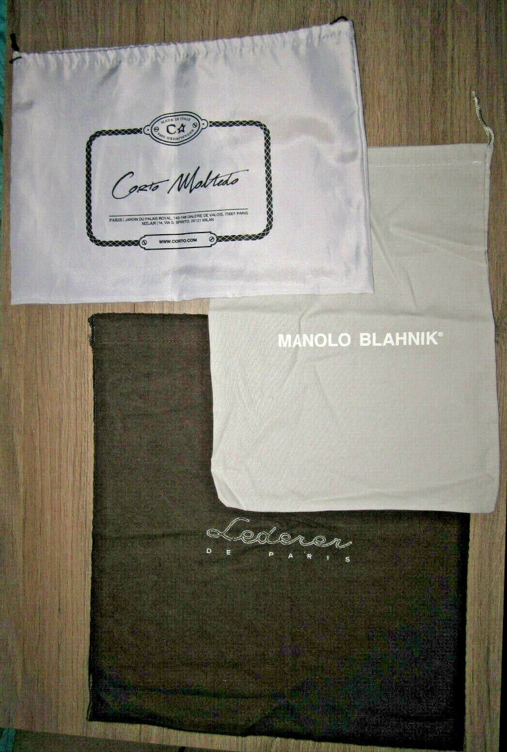 Lot of 3 cloth dust bags, Corto Moltedo, Manolo Blahnik, & Lederer de Paris