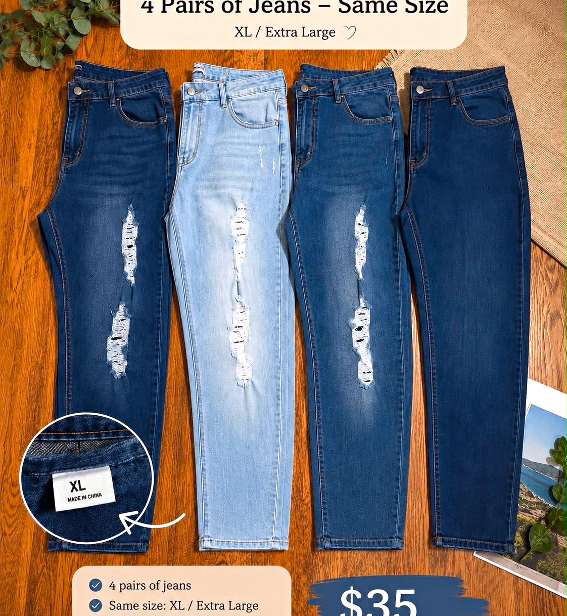 Wax Jean Fashion Nova 4-Pair Jeans Lot XL Blue/Light Blue Distressed 90216XL