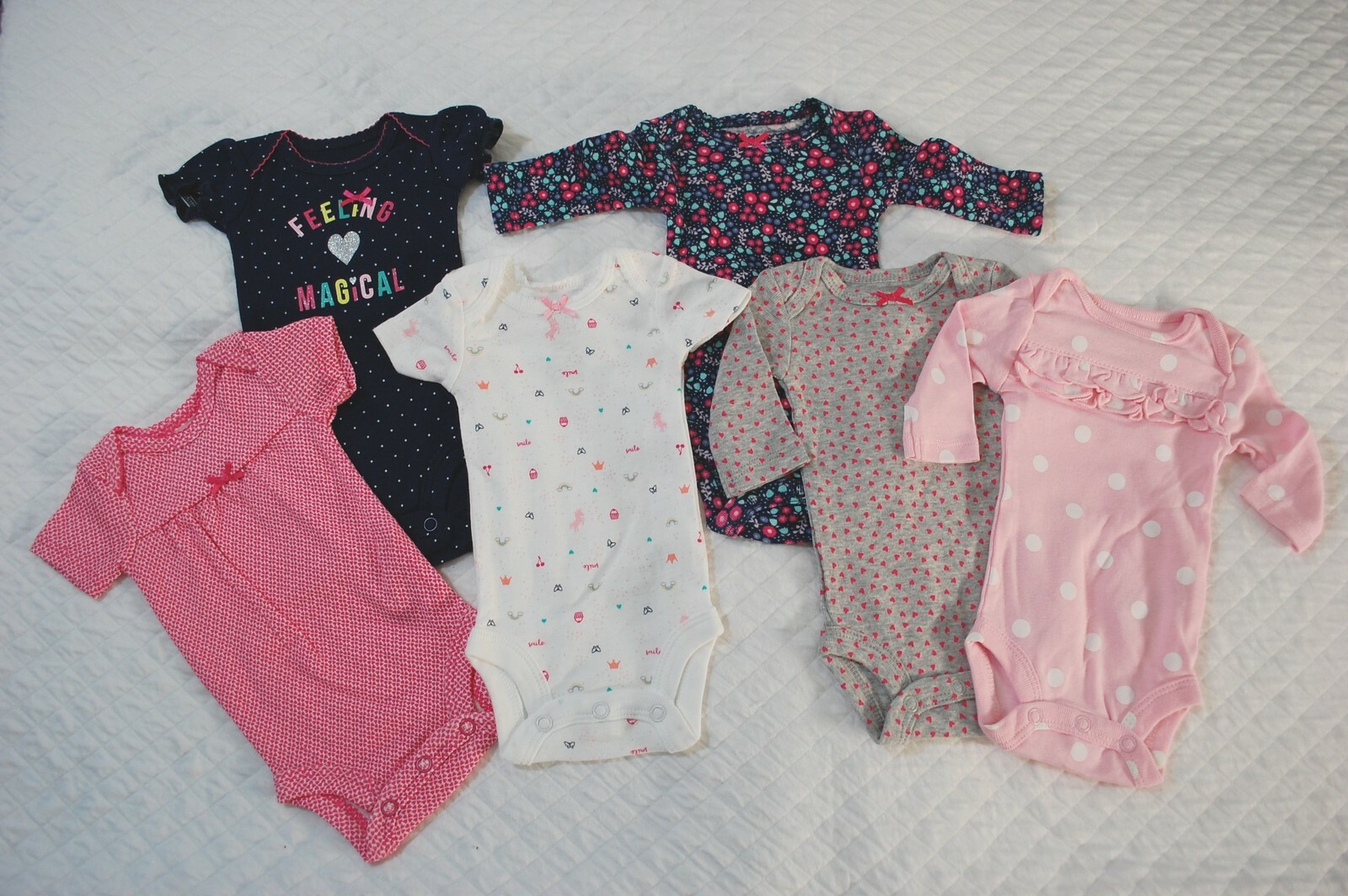 Baby Girls 6 LOT BODYSUIT Navy Pink White FEELING MAGICAL Flower Unicorn PREEMIE