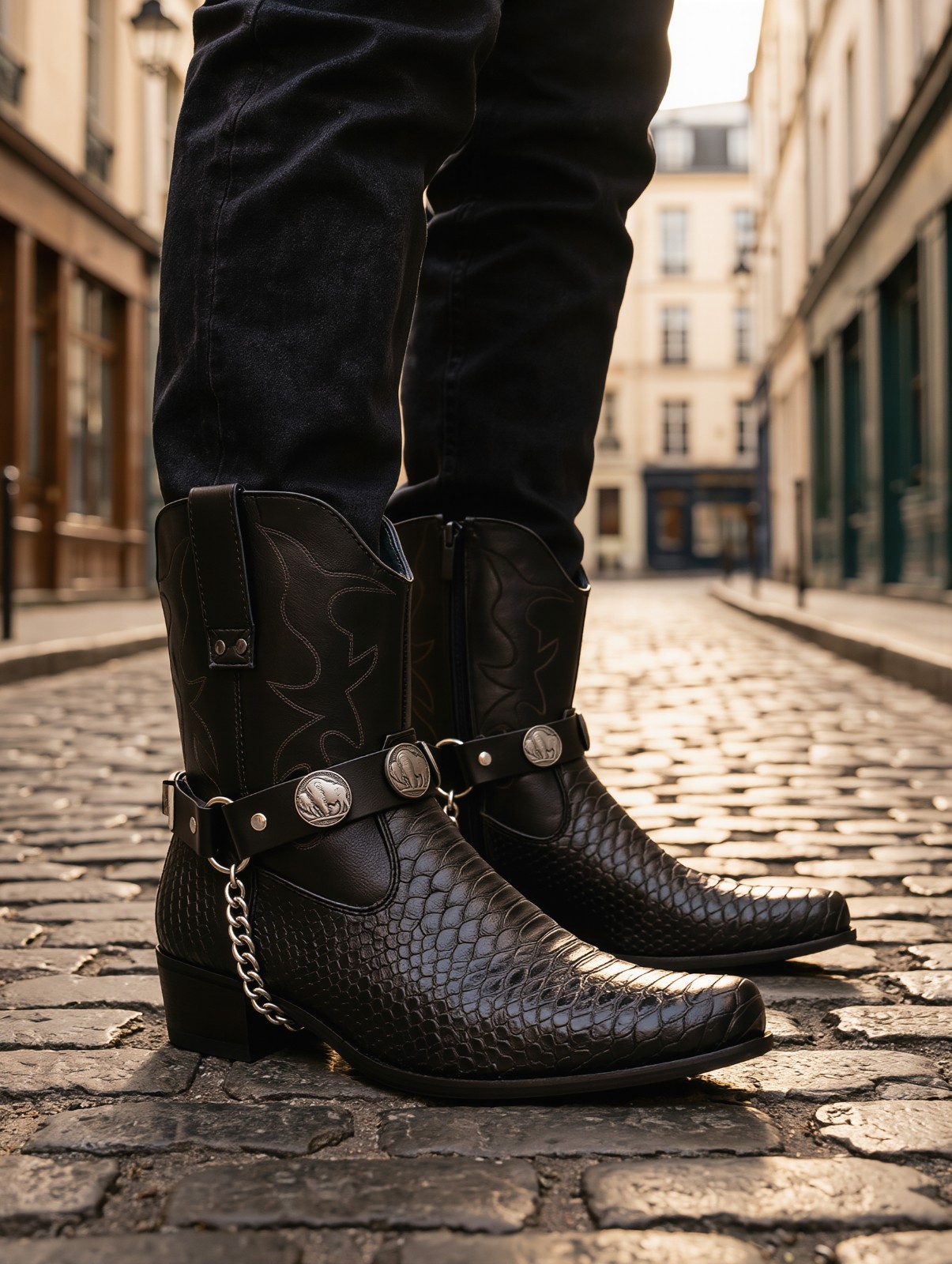 Men Women Biker Silver Metal Chain Pair Black Boot Straps Animal Buffalo Charm