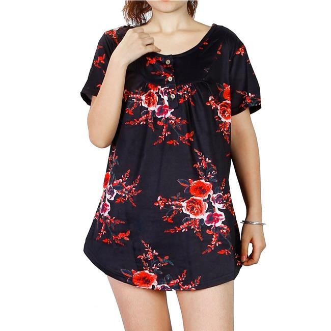 FFF-L-Black-GPCT2881 Womens Floral Button Short Sleeve Summer Shirt Blouse – …