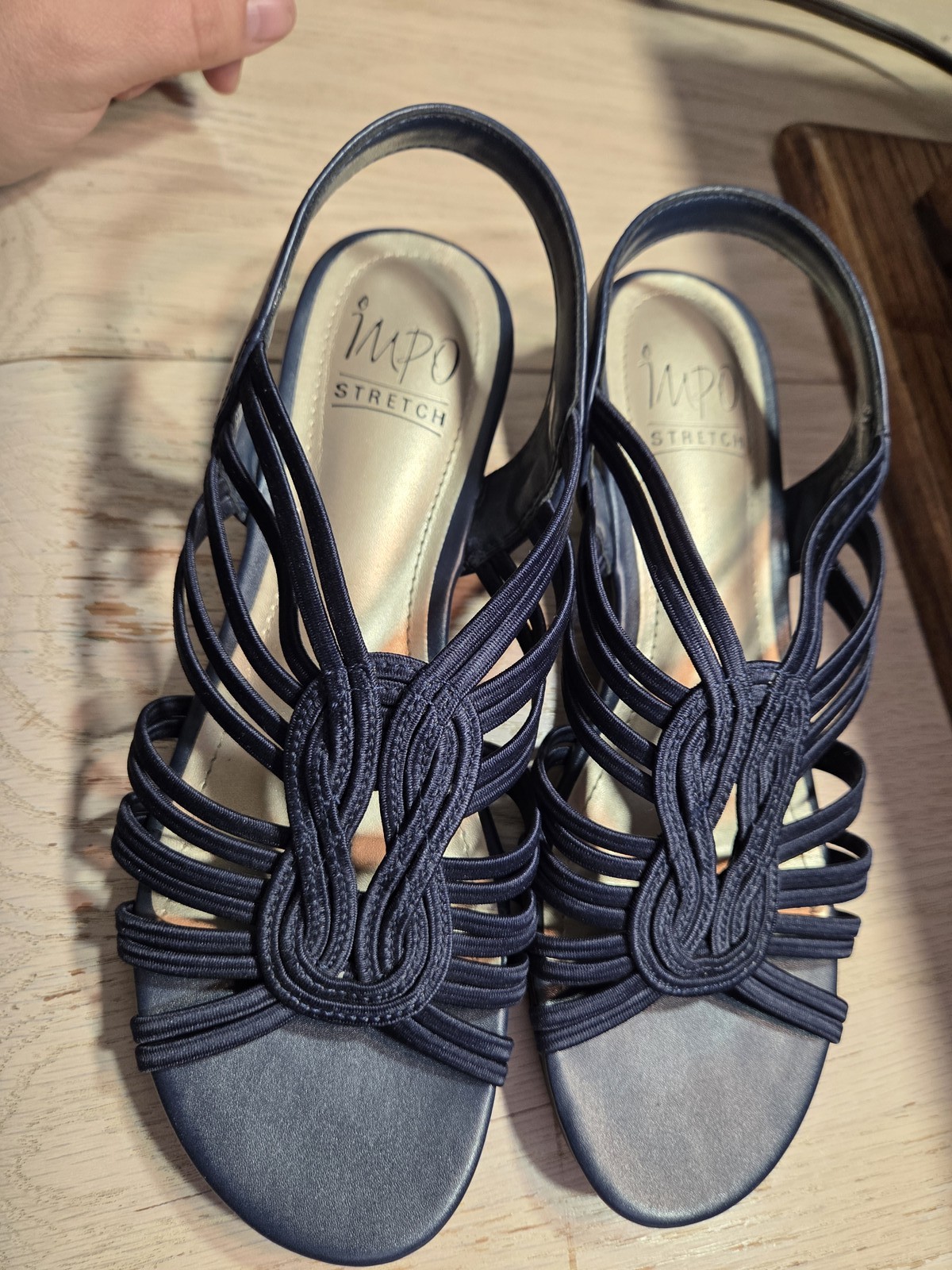 IMPO Stretch Regina Womens Sandals Size 8M Navy Blue White Strappy Wedge