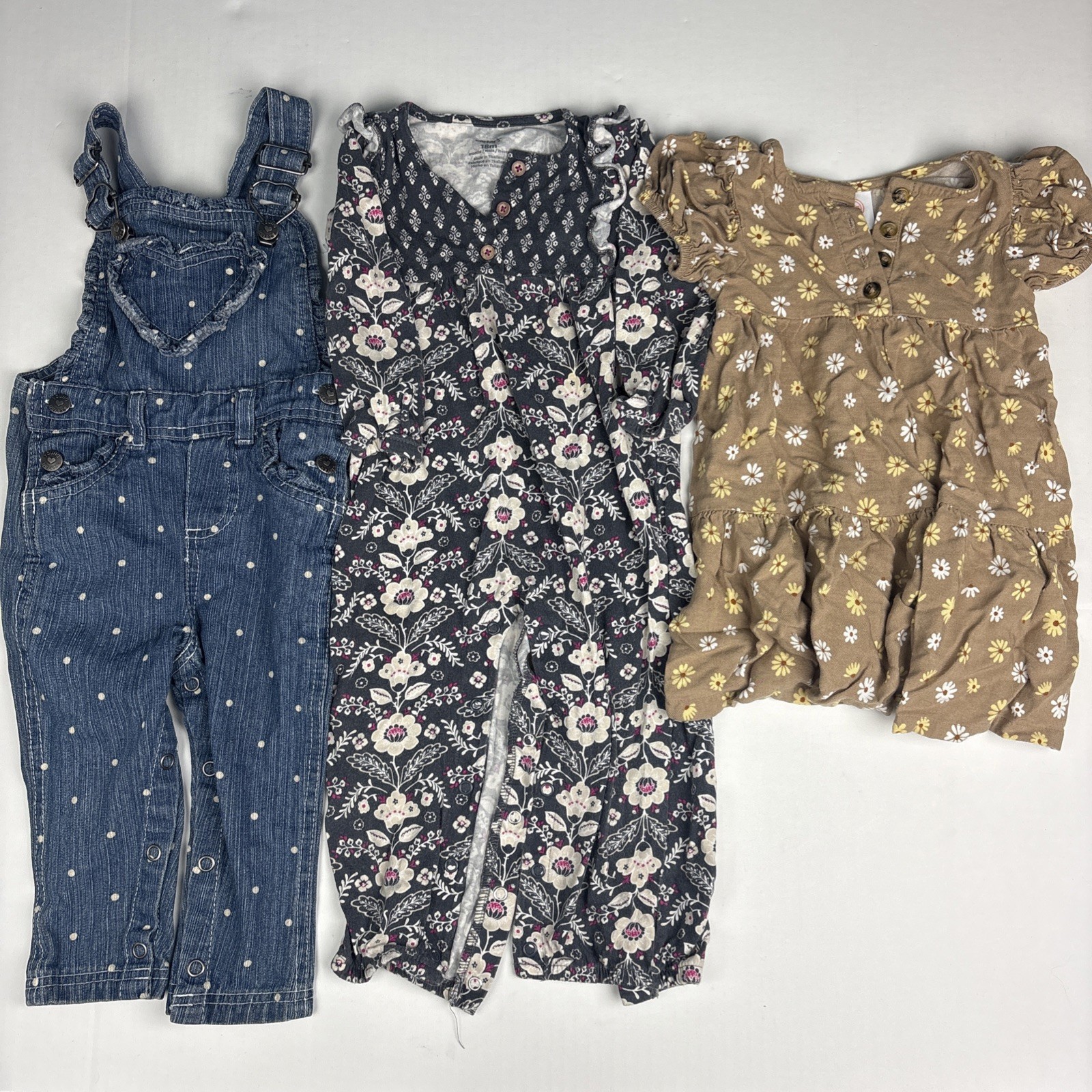 Baby Girl Size 18 Months Lot of 3 Heart Overalls Jumper One Piece Floral Spring