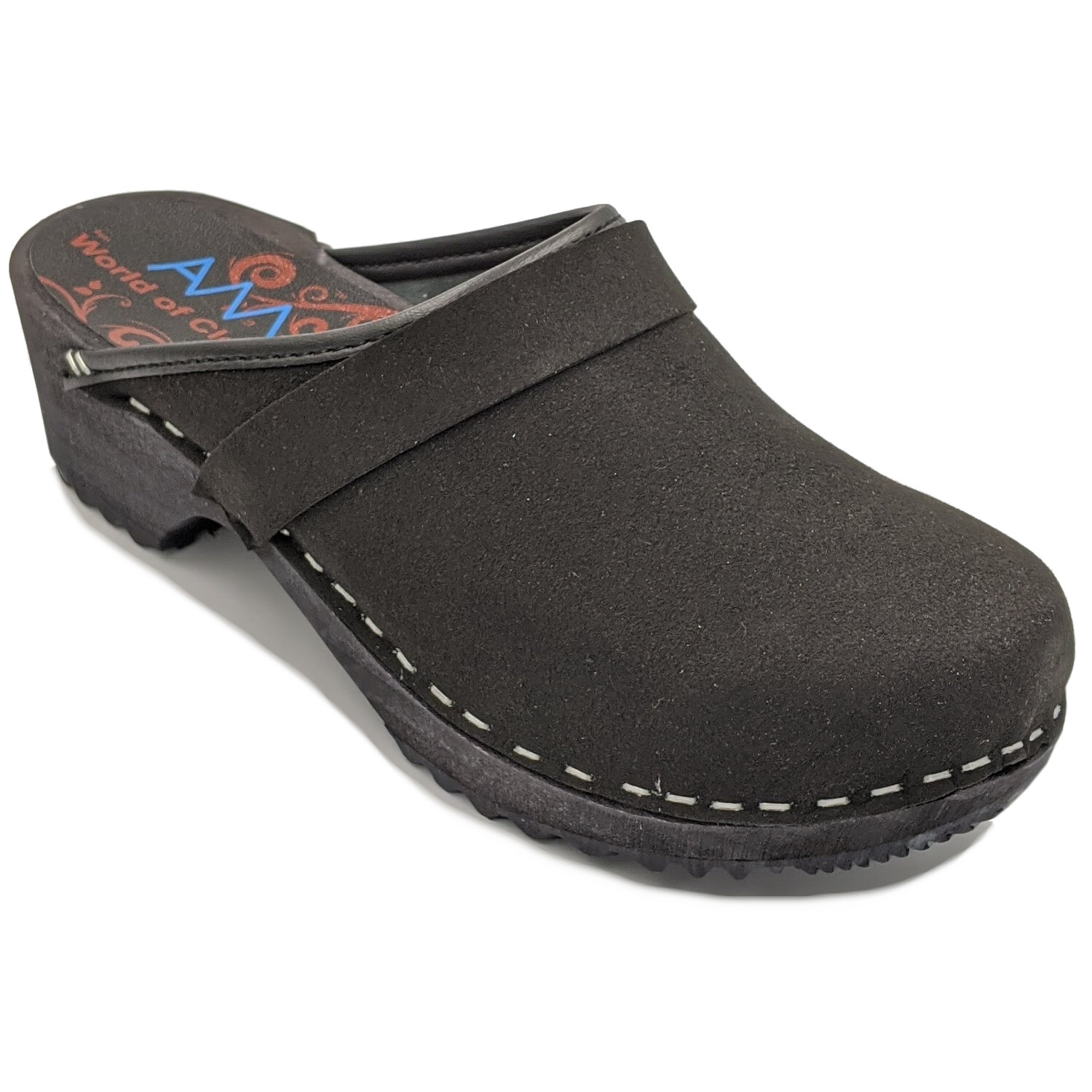 AM-Toffeln Swedish Style Clogs in Black Suede (100) – Wooden Footbed