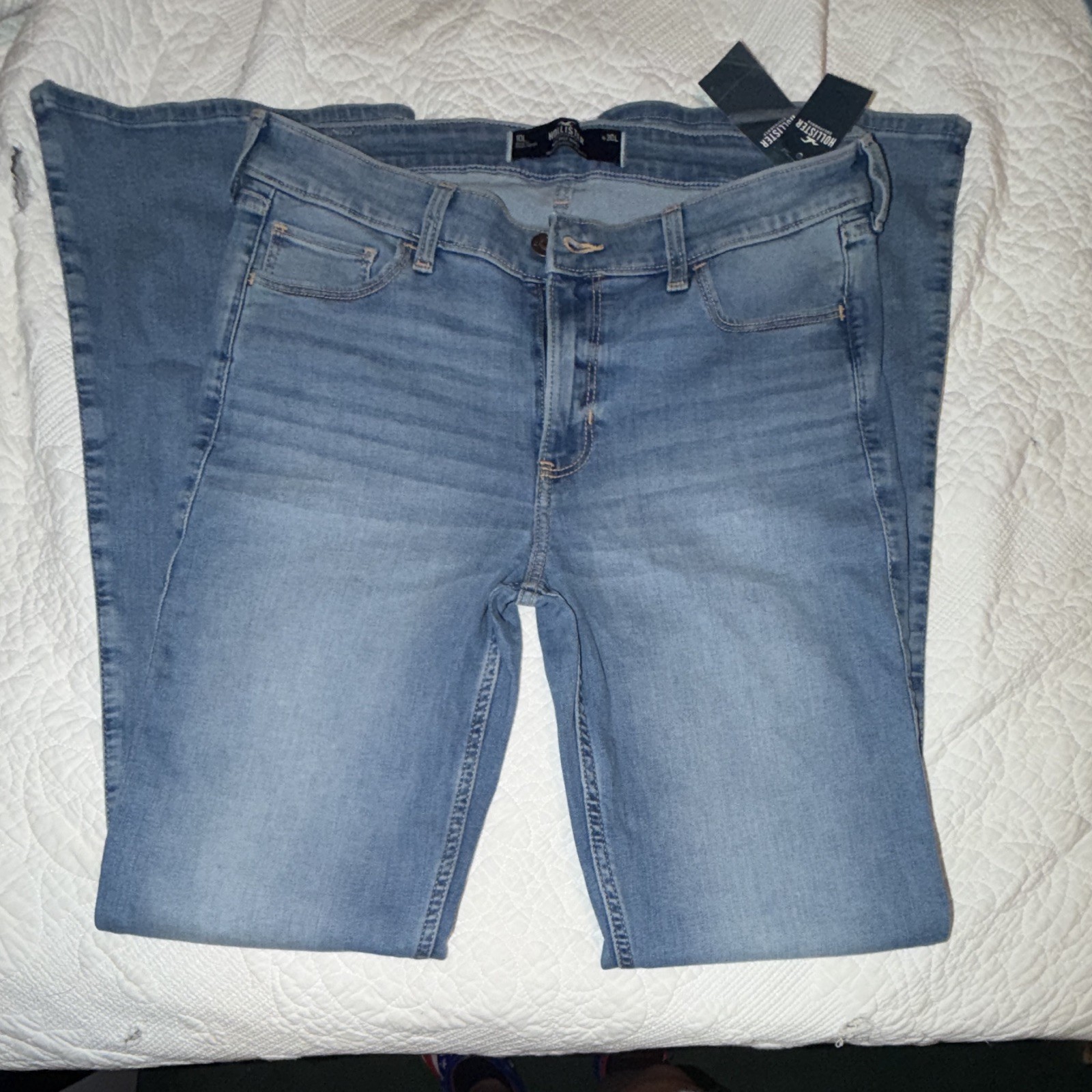 Hollister Blue Cotton Denim Jeans Lot of 2 Size 10L Solid one pair ripped ,flare