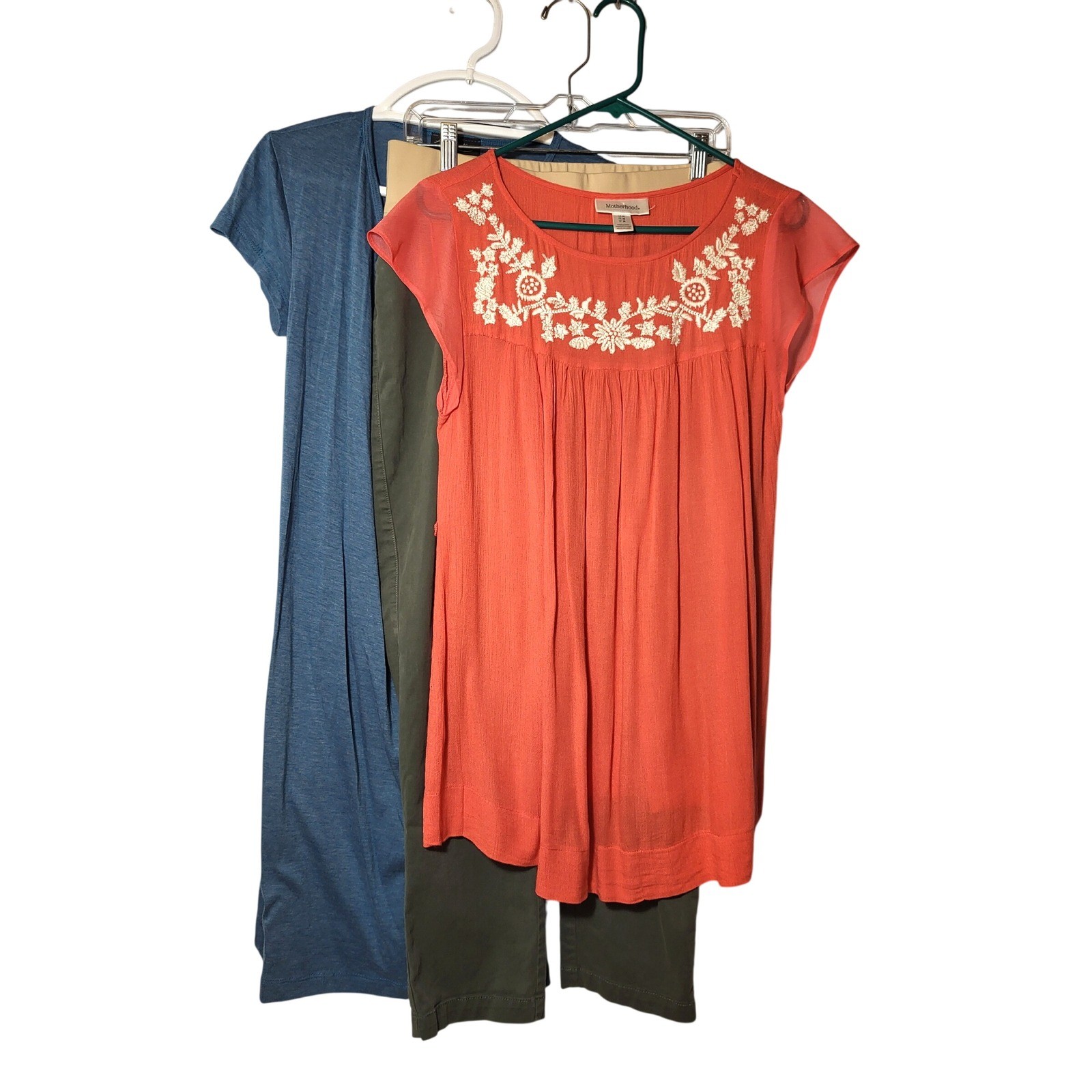 Maternity Bundle Medium 3 Piece Coral Embroidered Top Blue Knit Dress Green Pant