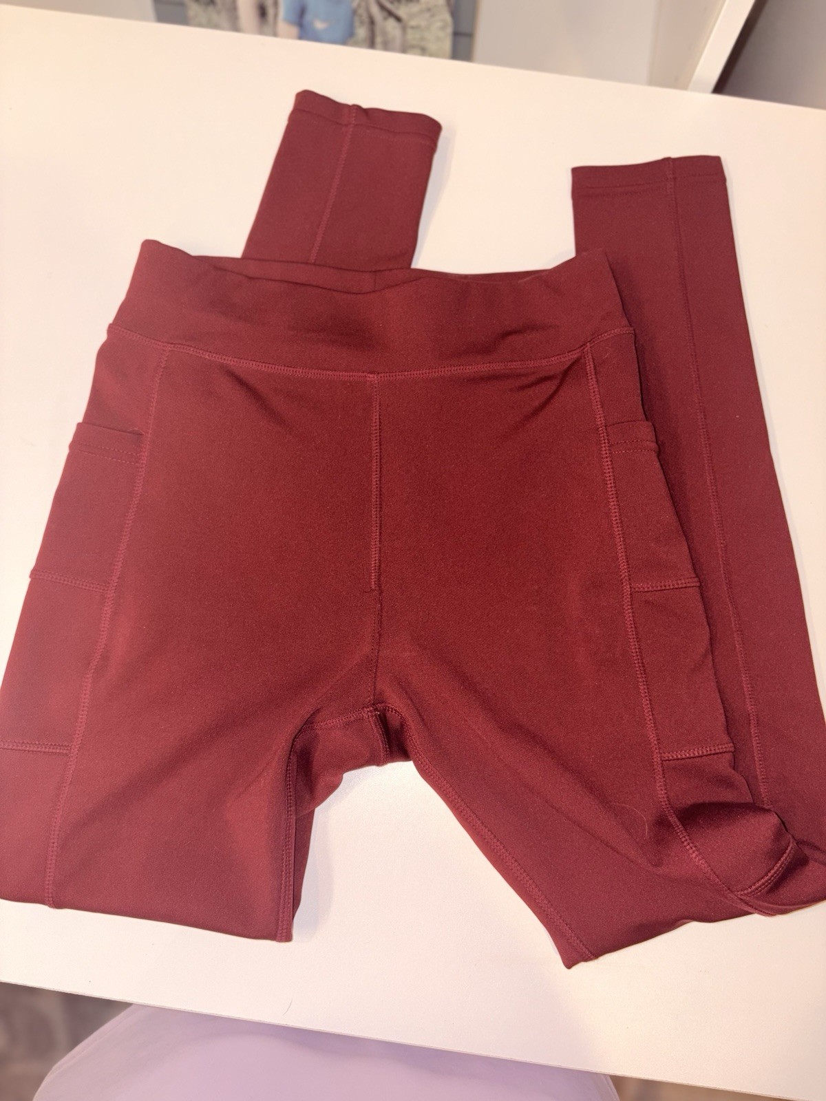 High-Waisted Burgundy Athletic Leggings — Side Pockets — Approx. Size S