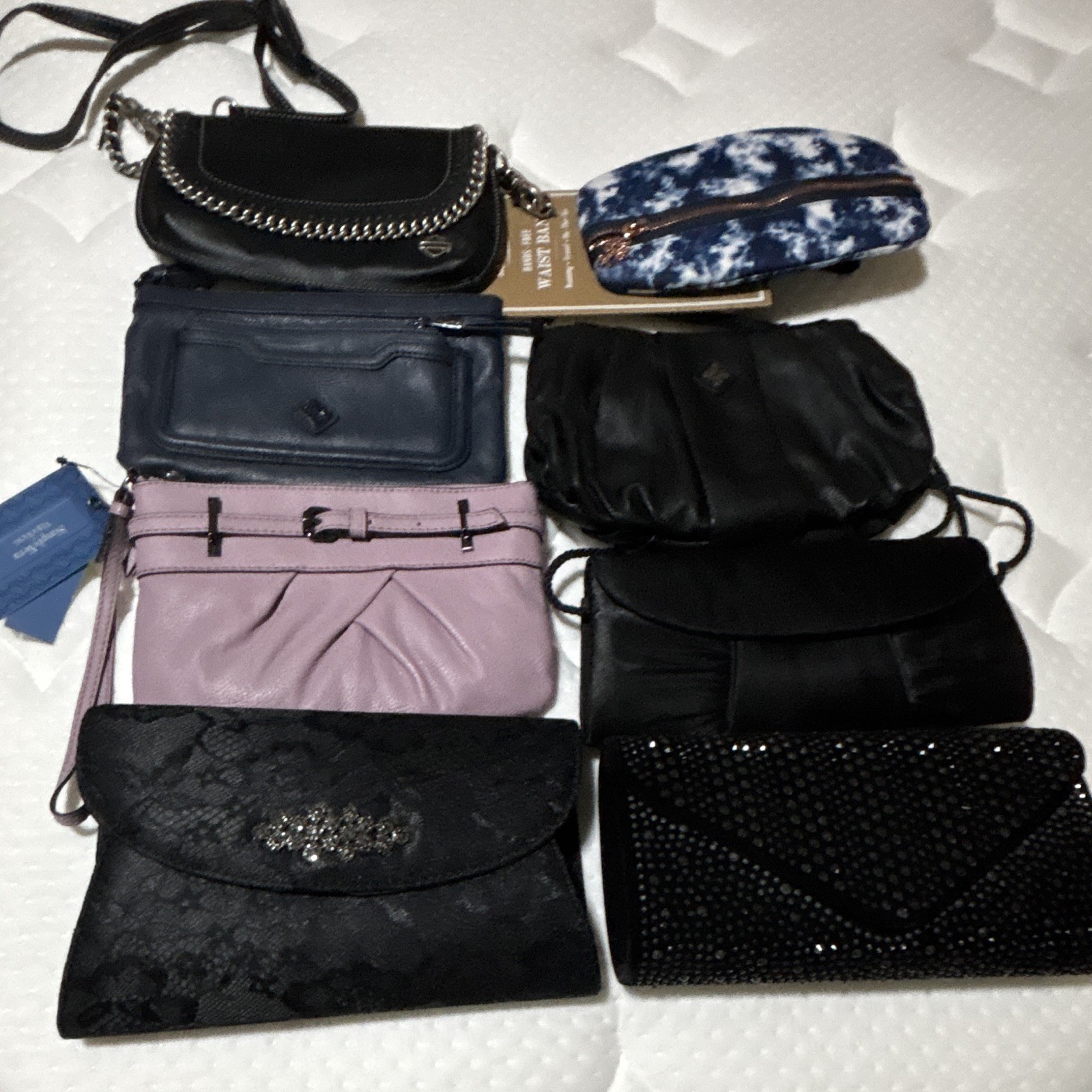 Lot of 8 Small Handbags, Clutches & Pouches Tie-Dye Faux Leather Black Blue