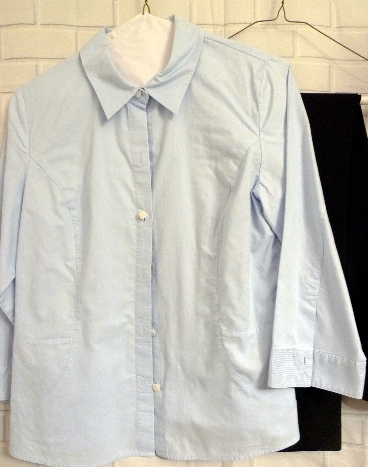 Talbots Petites Womens Size 10 Blue Dress Shirt 6P Black Stretch Pants Outfit