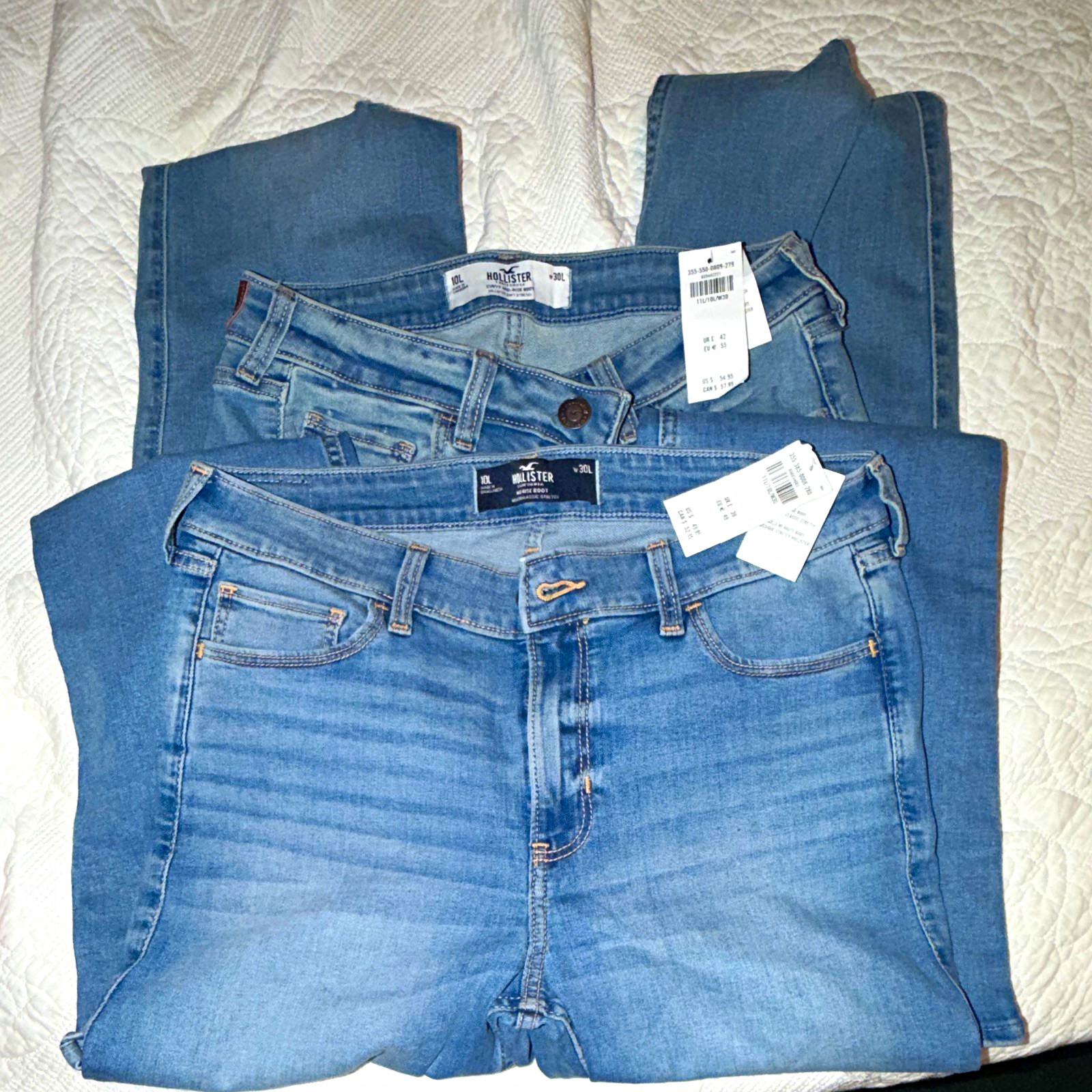 Hollister Blue Cotton Denim Jeans Lot of 2 Size 10L Solid one pair ripped ,flare