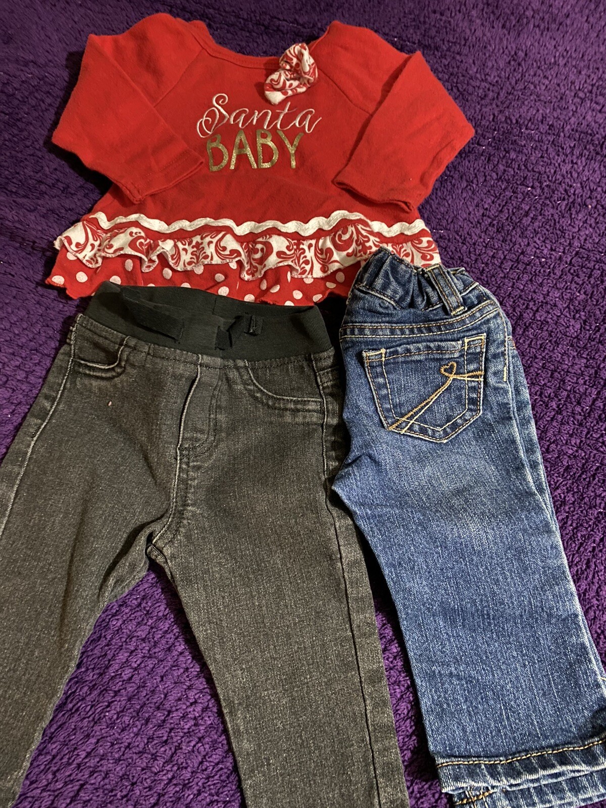 Infant Girls Lot of 3. Size 6-9 Months. Santa Baby Shirt, 2 Pants. Pre-owned.
