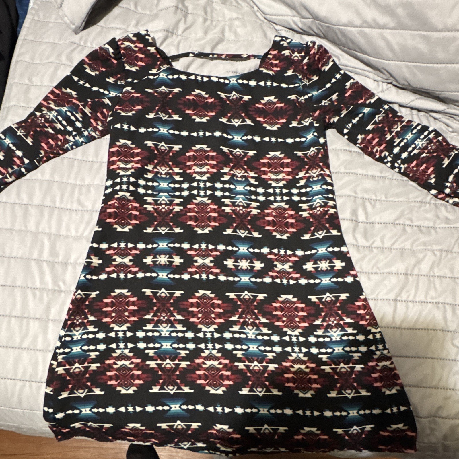 Speechless Aztec Geometric Long Sleeve Cotton Dress Size M Black Red White