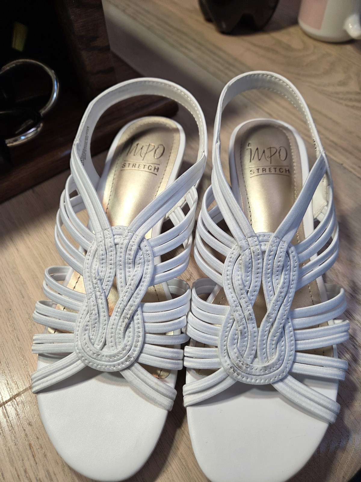 IMPO Stretch Regina Womens Sandals Size 8M Navy Blue White Strappy Wedge
