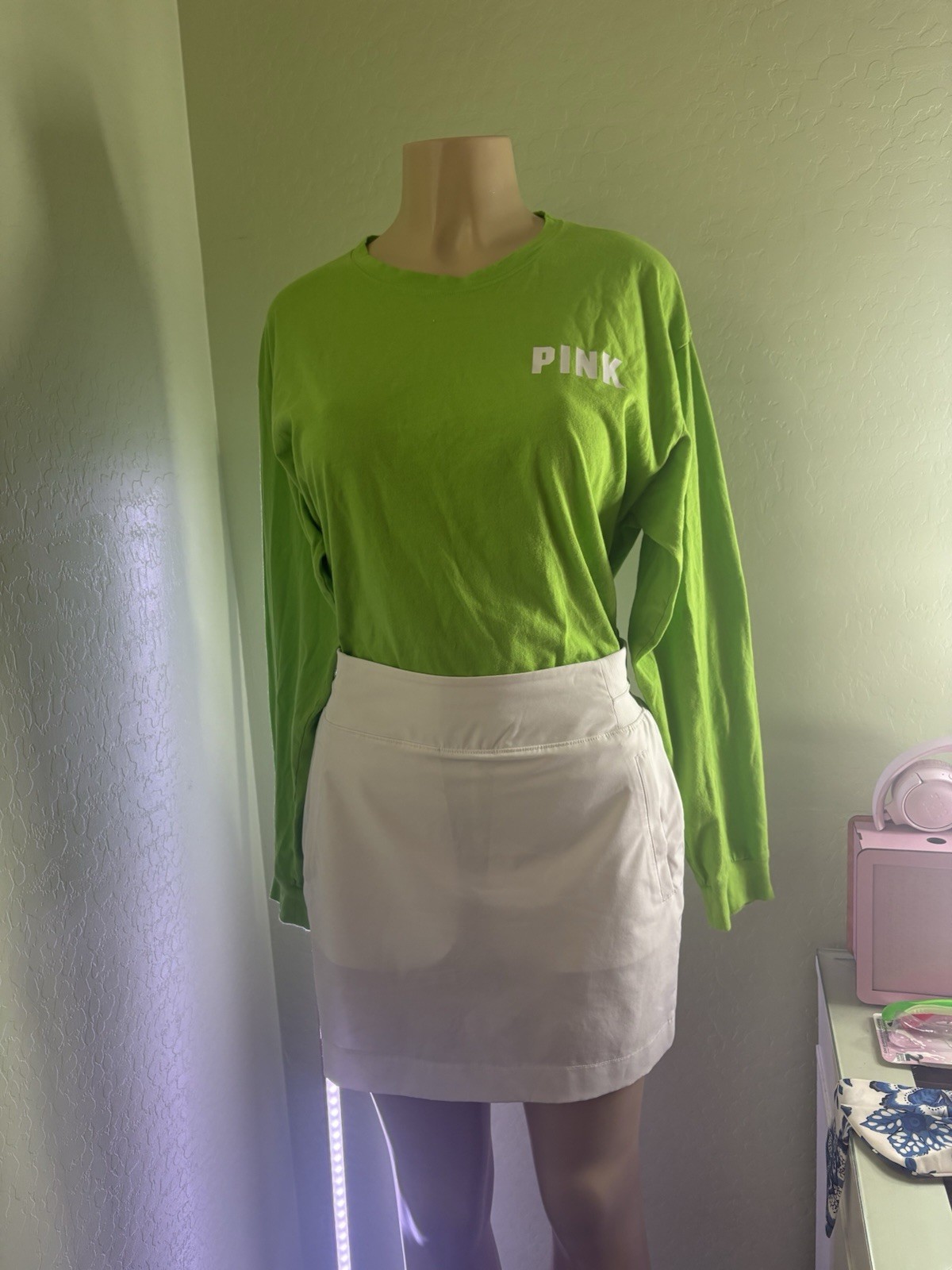 PINK Sports Clothing Lot Cotton Blend: Green Long Sleeve Shirt, Red Shirt, Skirt