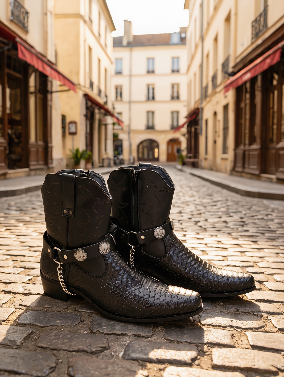 Men Women Biker Silver Metal Chain Pair Black Boot Straps Animal Buffalo Charm