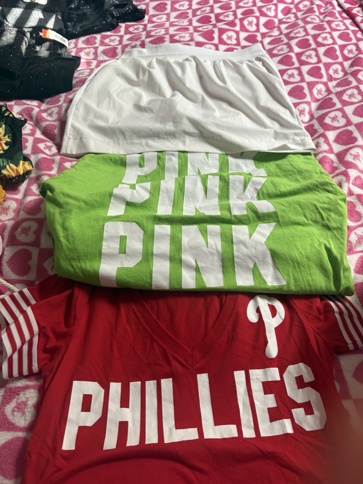 PINK Sports Clothing Lot Cotton Blend: Green Long Sleeve Shirt, Red Shirt, Skirt
