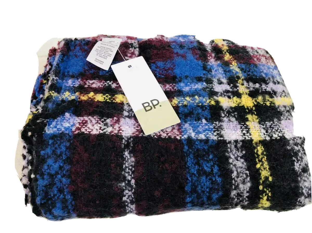 BP Nordstrom Womens Fringed Scarf Wrap Boucle Purple Multi Color Oblong