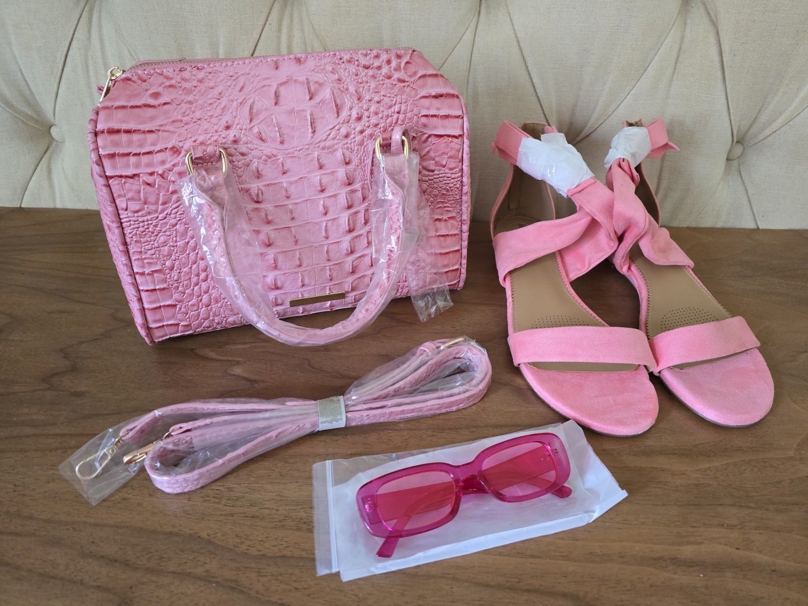 Pink Fashion Bundle – Croc Embossed Handbag, Sandals Size 11 WW & Sunglasses