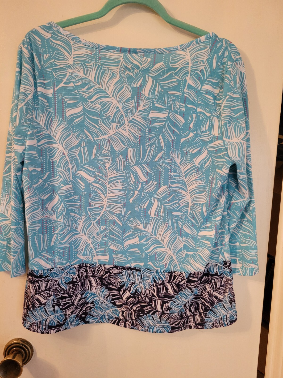 PALM GROVE PETITE SIZE PL TURQUOISE/BLUE PRINTED TOP STUDDED STRETCH LIGTWEIGTH