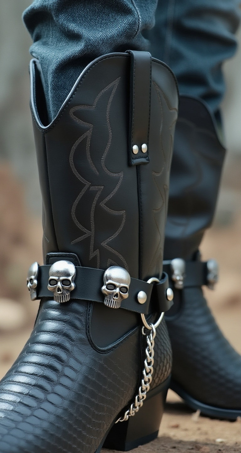 Men Boots Silver Chain Pair Black Faux Leather Bracelet 2 Straps Skull Charms