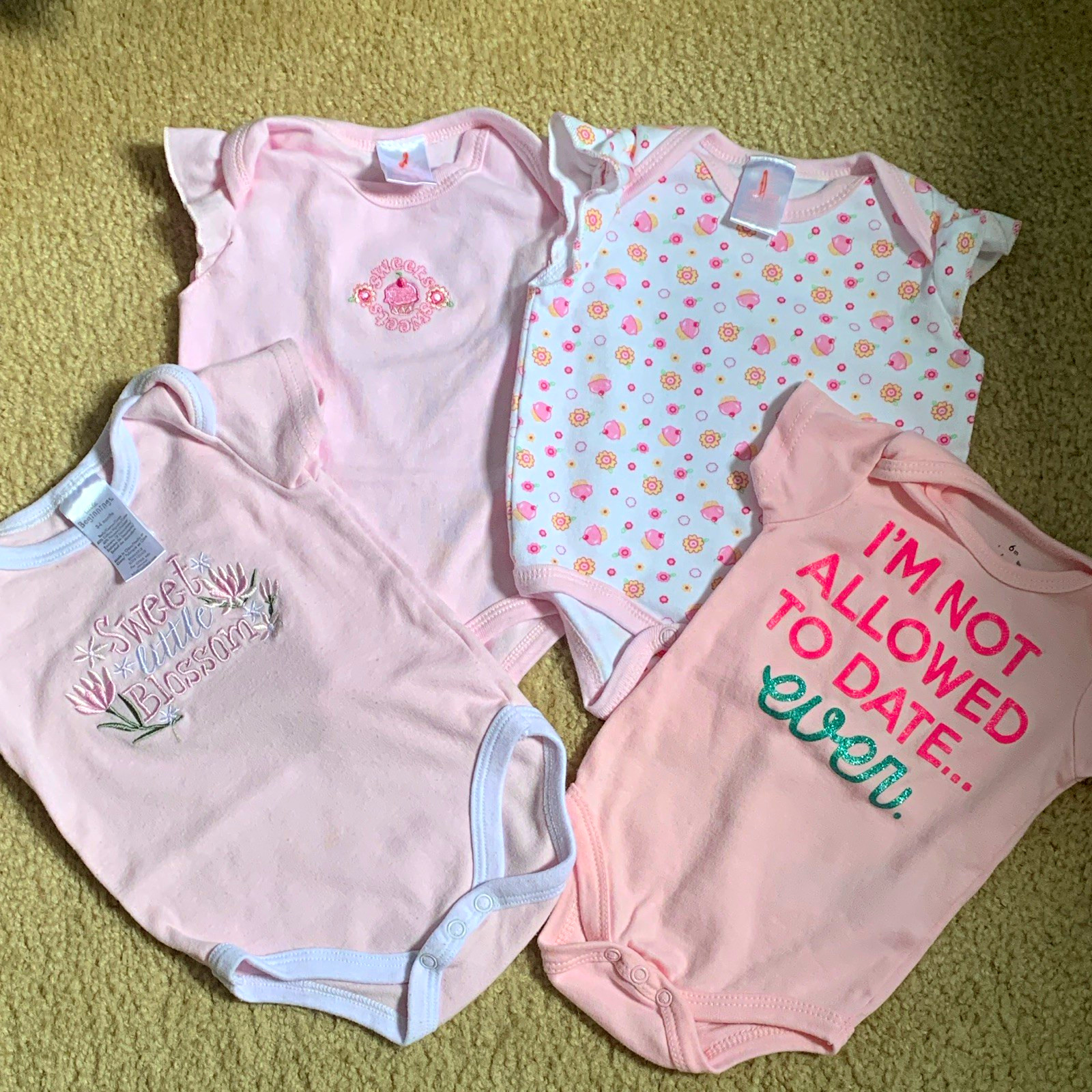 Baby Girl Lot of 4 Pink & White Cotton Floral Bodysuits 0-3 and 3-6 mo