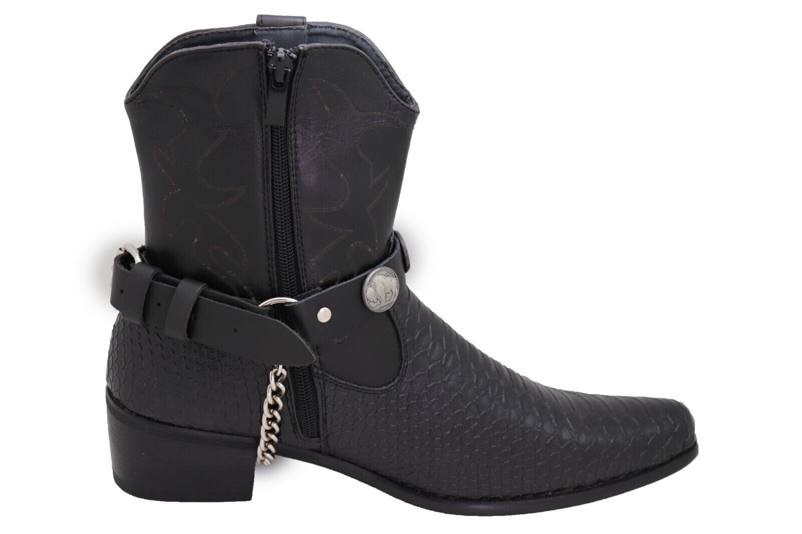 New Men Biker Silver Metal Chain Black Boot Straps Buffalo Charm SET Statement