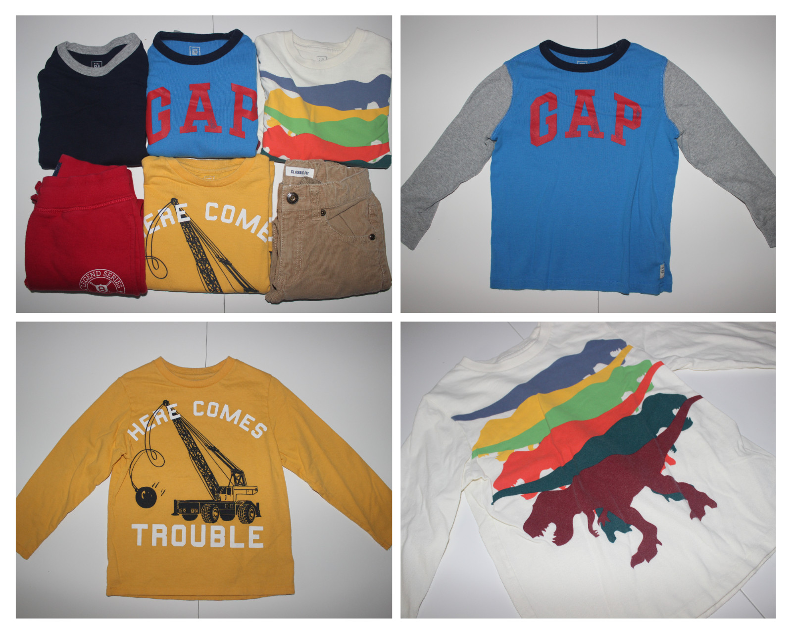 Boy&rsquo;s Size 5 Lot of 6 -Gap T-Shirts Long Sleeved Gymboree Corduroy Pants Joggers