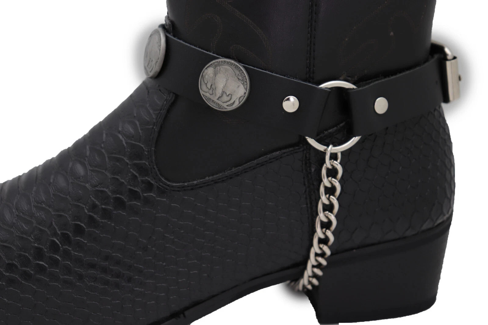 New Men Biker Silver Metal Chain Black Boot Straps Buffalo Charm SET Statement