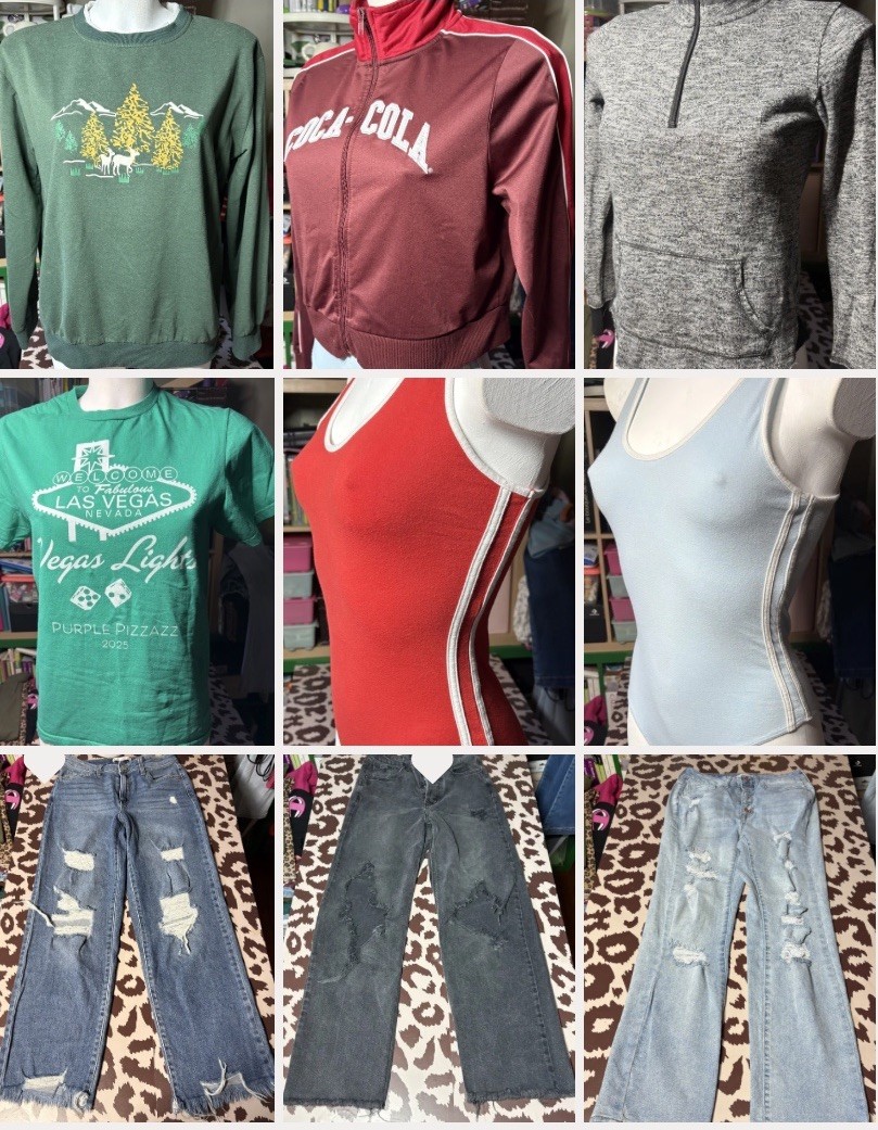 Women’s mixed clothing lot size S, M, 4-5 denim, sweatshirts, bodysuits