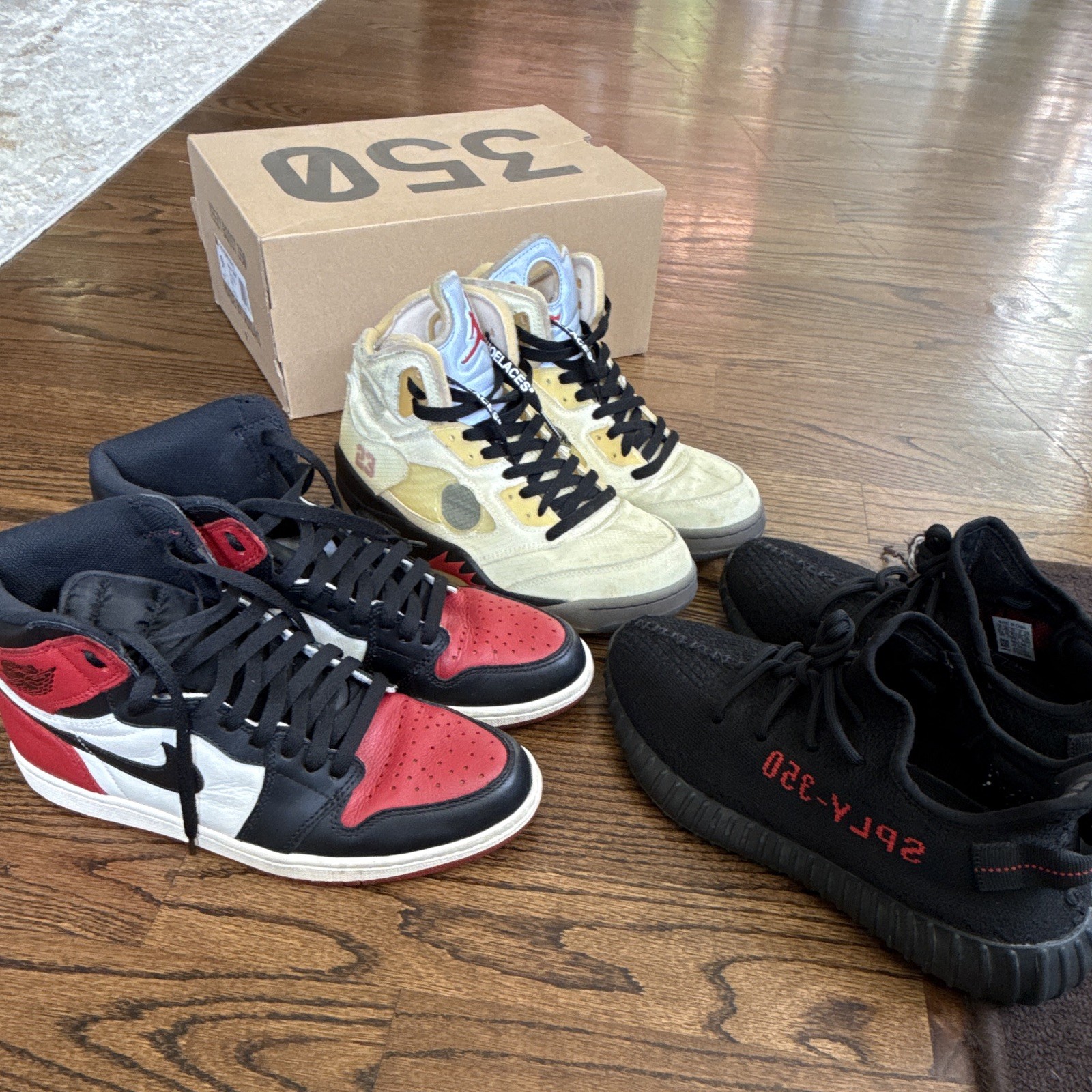 Bundle 3 shoes Jordan 5 offwhite, Jordan 1 bred toe, Yeezy boost 350 black/red