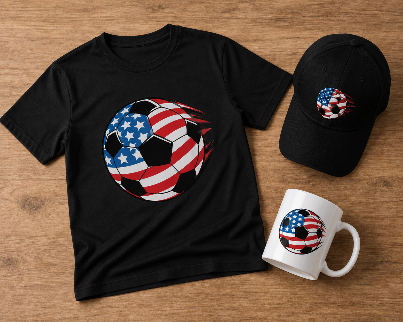 USA Flag Soccer Ball Gift Set Shirt Cap Mug Bundle Minimalist Patriotic Fan 2026