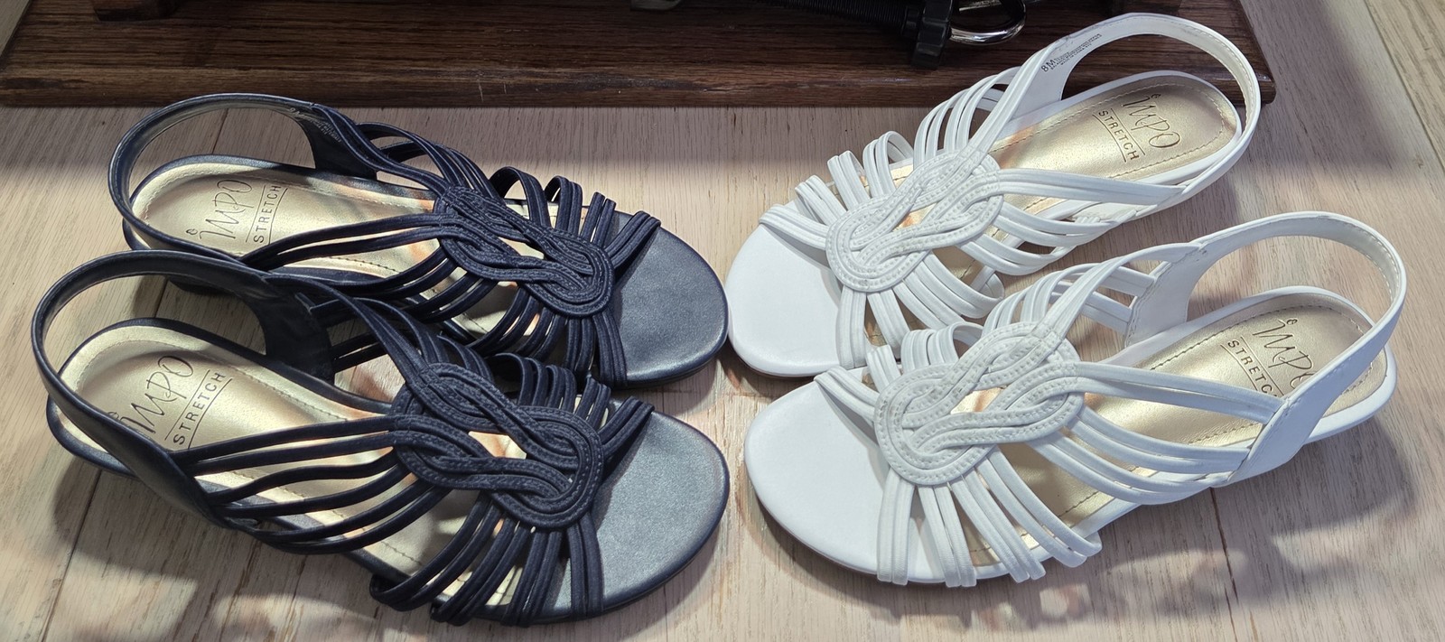 IMPO Stretch Regina Womens Sandals Size 8M Navy Blue White Strappy Wedge