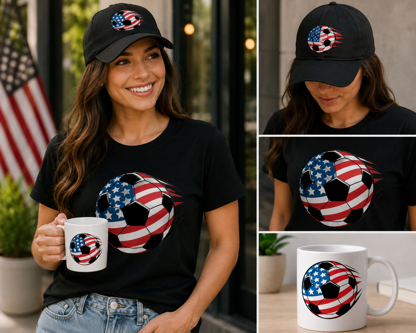 USA Flag Soccer Ball Gift Set Shirt Cap Mug Bundle Minimalist Patriotic Fan 2026
