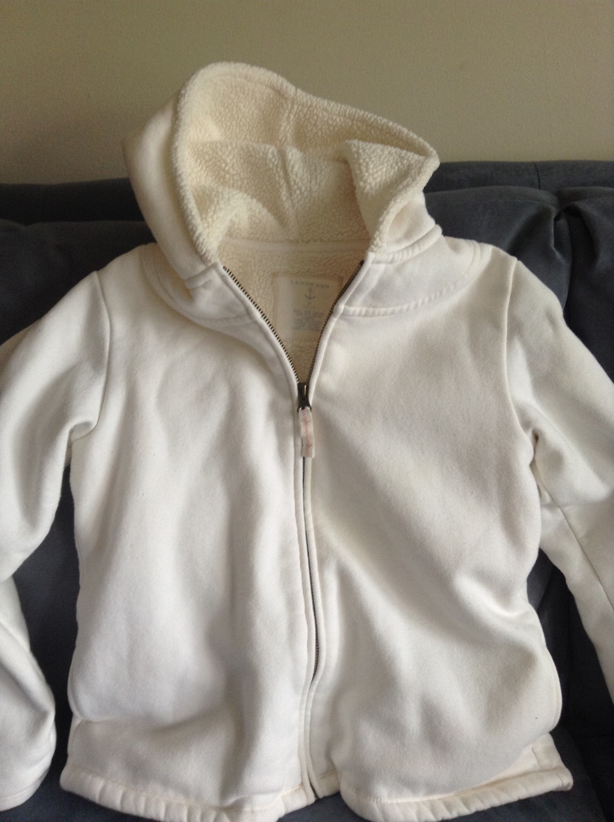 LANDS&rsquo; END GIRLS CREAM MEDIUM (10-12) JACKET COAT WITH HOOD – USED