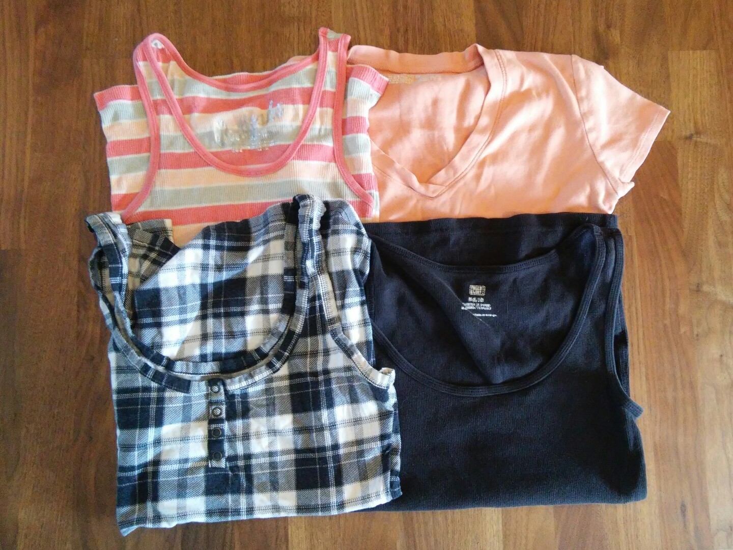 Lot of 4 Shirts and Tank Tops Plaid Black Coral Striped Size S + M