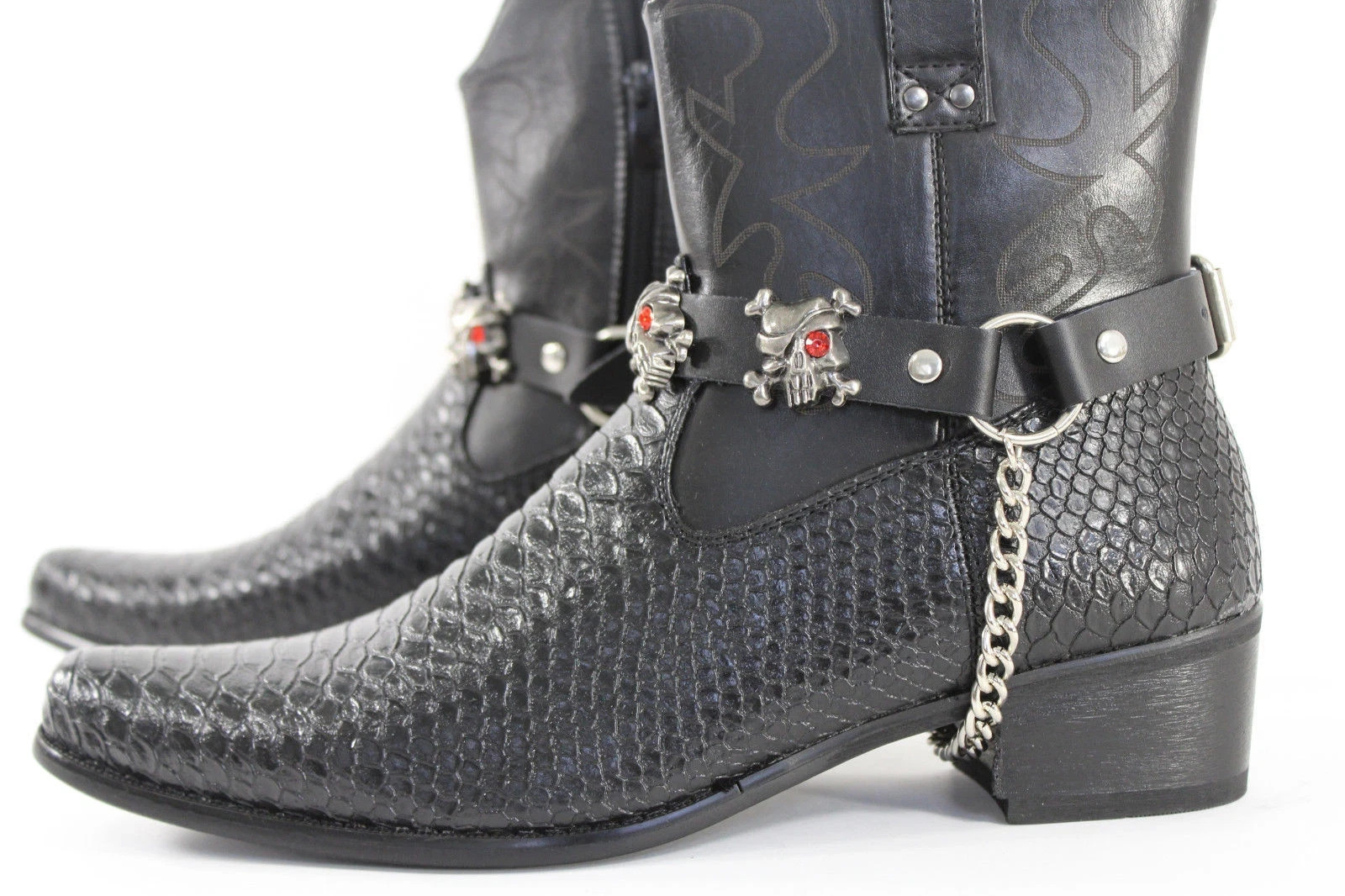 Men 2PCS Boot Straps Silver Chain Pair Black Faux Leather Pirate Skull Charms