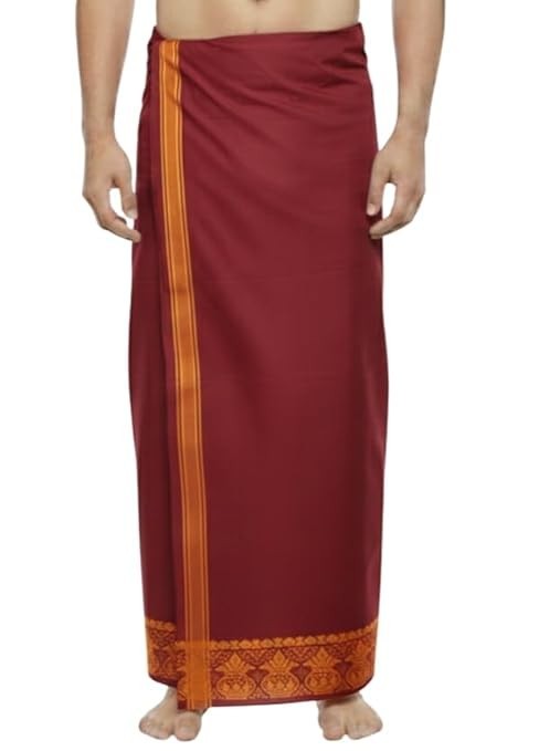 Cotton Men&rsquo;s Single Dhoti 2 Mtrs Mundus Lungi with Gamcha Kalasam Border Mango
