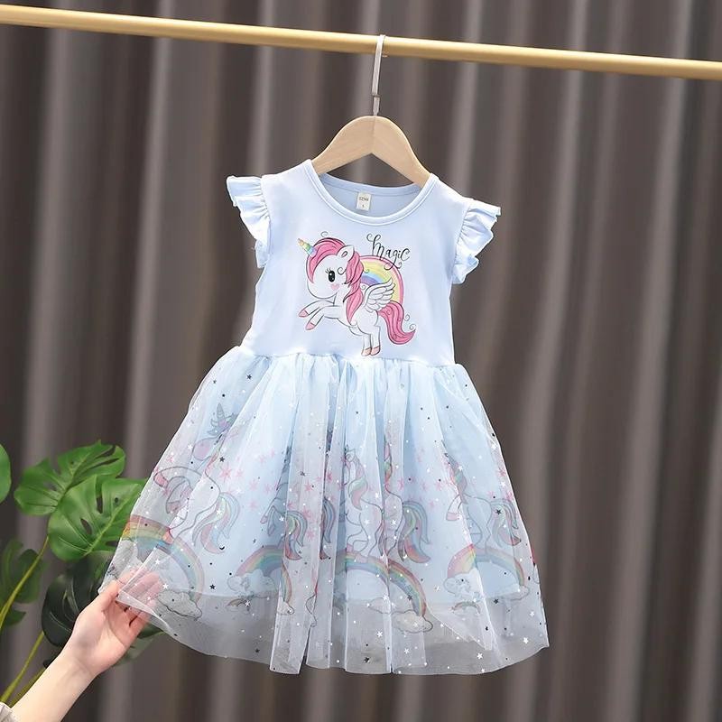 Girls Clothes 2025 New Summer Princess Dresses Flying Sleeve Kids Dress Unicorn