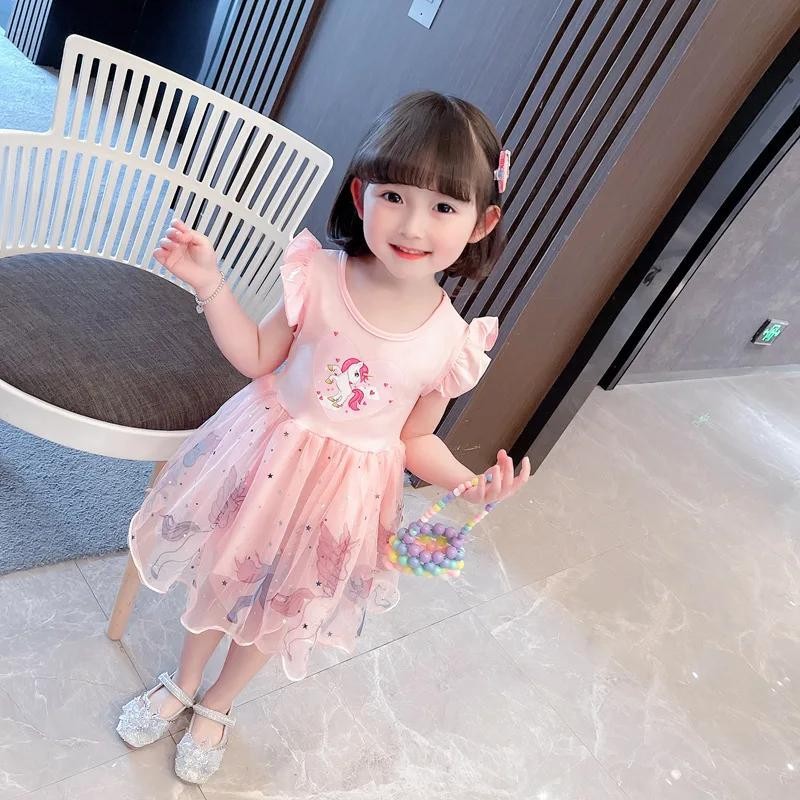 Girls Clothes 2025 New Summer Princess Dresses Flying Sleeve Kids Dress Unicorn
