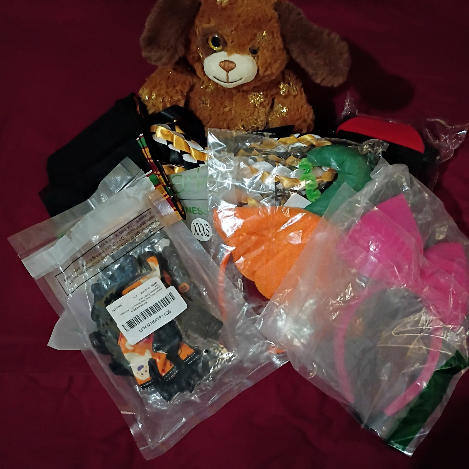 Lot Of Fabric Items. Clothes, Bear, Headbands, Gloves, Dog Harness.
