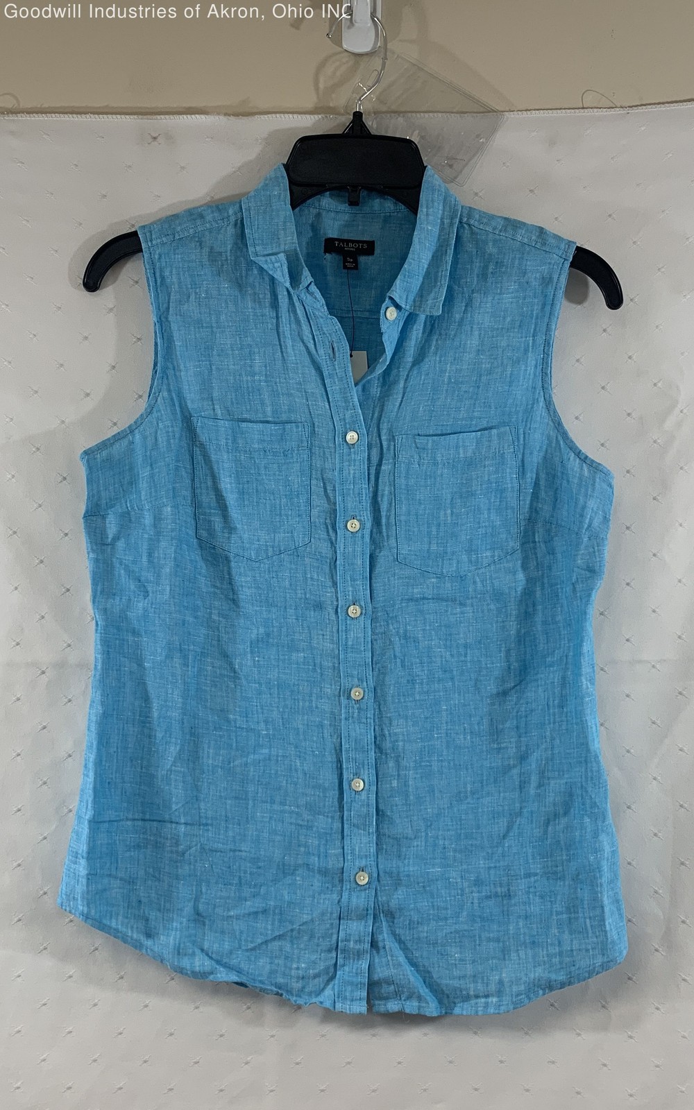 Talbots Petites Womens Blue 100% Linen Sleeveless Button Front Shirt PS NWT