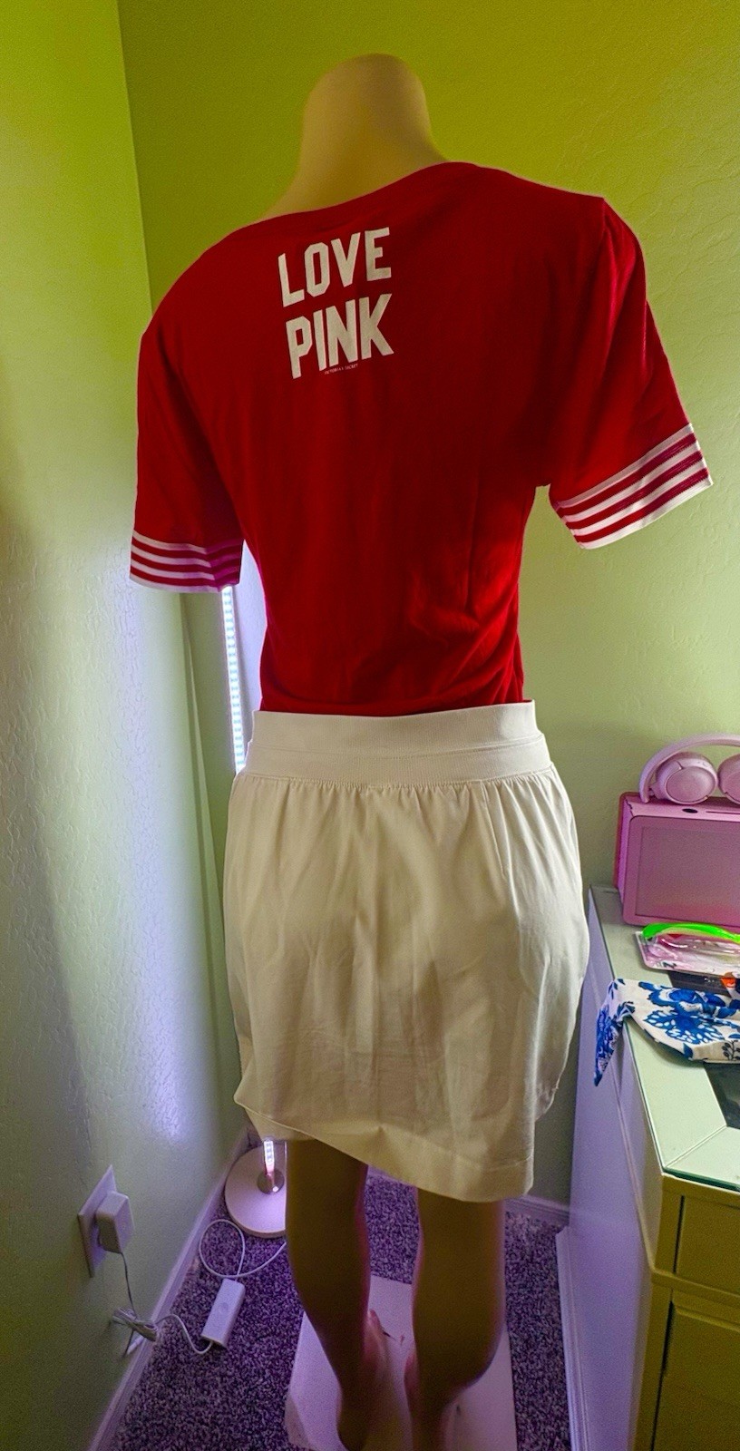 PINK Sports Clothing Lot Cotton Blend: Green Long Sleeve Shirt, Red Shirt, Skirt