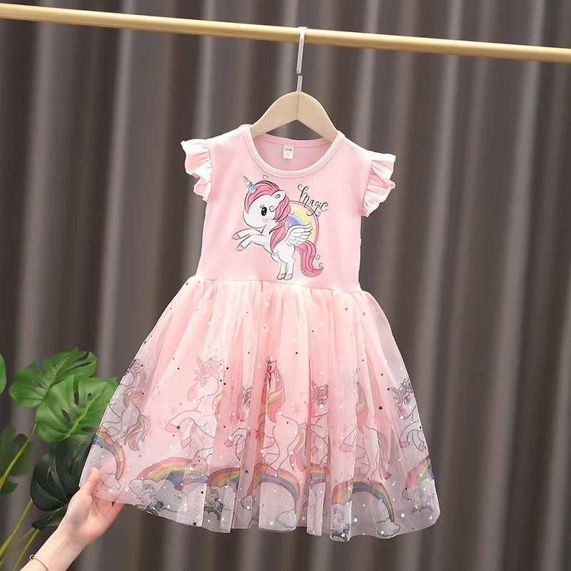 Girls Clothes 2025 New Summer Princess Dresses Flying Sleeve Kids Dress Unicorn