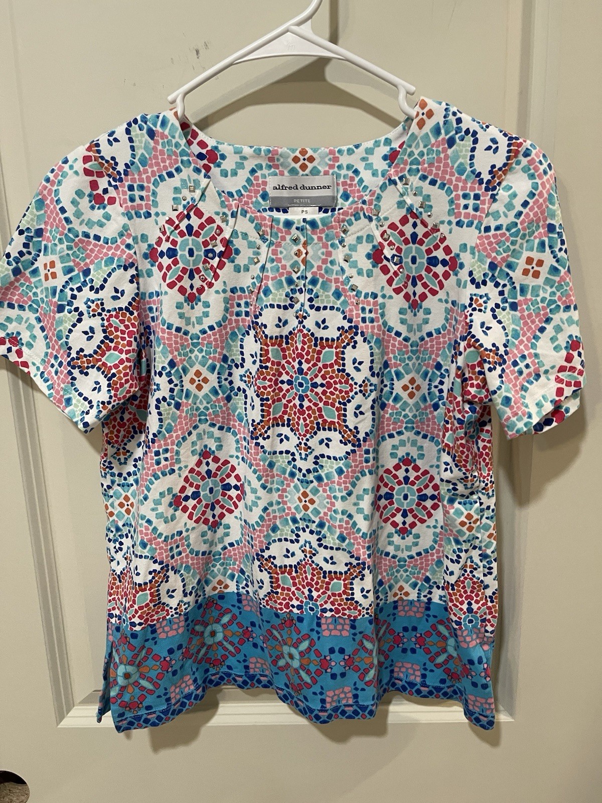 Alfred Dunner 3 Petite Tops PS/S Multicolor/White Geometric Animal Print Cotton