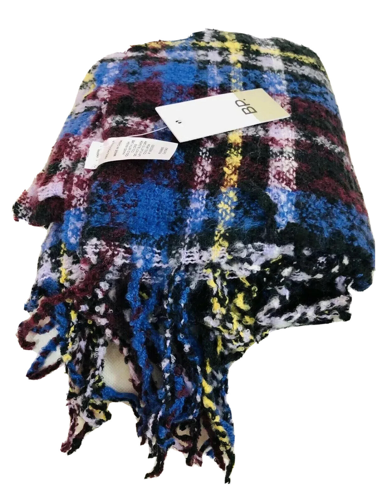 BP Nordstrom Womens Fringed Scarf Wrap Boucle Purple Multi Color Oblong